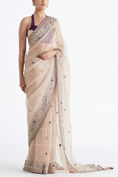 Nude pink embroidered organza sari set