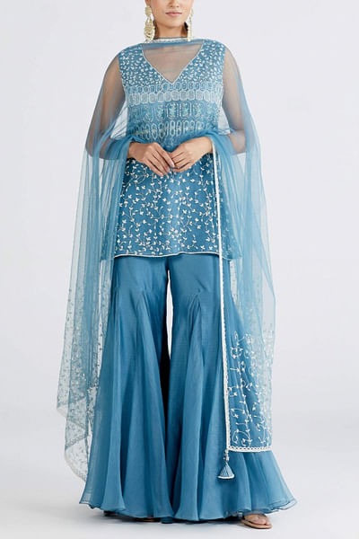 Blue embroidered kurta gharara set