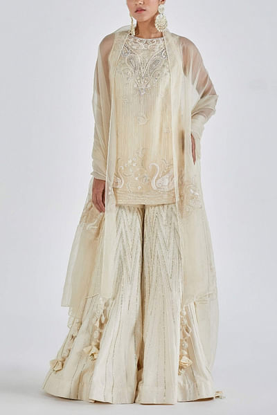 Ecru embroidered kalidar gharara set