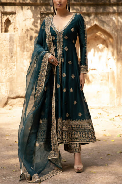 Bottle green jacket kurta set