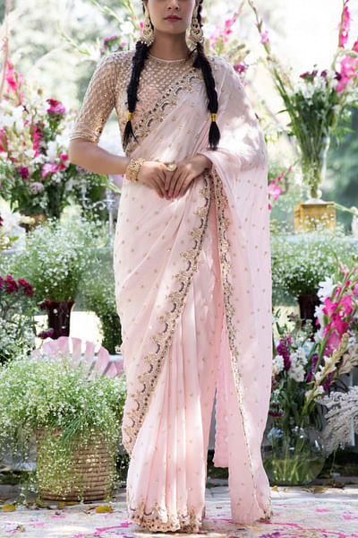 Baby pink embellished sari set