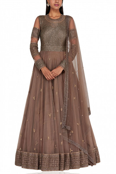 Thread embroidered anarkali with dupatta and belt