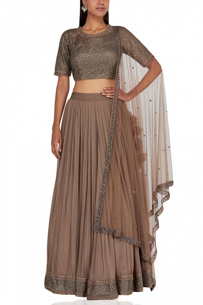 Thread embroidered blouse with lehenga and dupatta