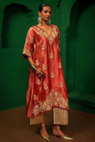 Charu Makkar Old rose pink gota embroidered kaftan set CHARJUL26D149433