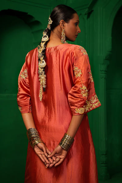 Charu Makkar Old rose pink gota embroidered kaftan set CHARJUL26D149433