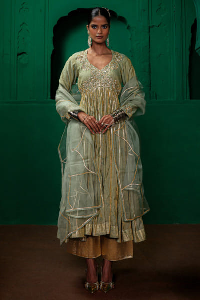 Charu Makkar Sage green zardozi embroidered anarkali set CHARJUL26D149446