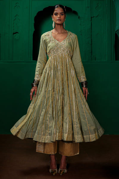 Charu Makkar Sage green gota embroidered anarkali set CHARJUL26D149447