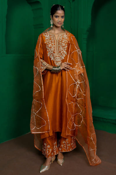 Charu Makkar Rust orange gota embroidered kurta set CHARJUL26D149448