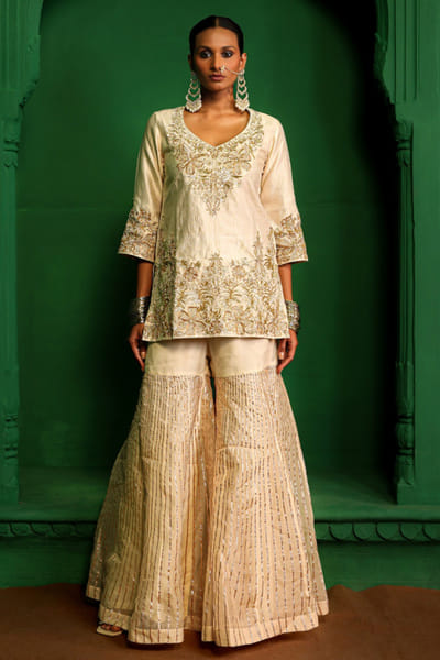 Charu Makkar Pearl white gota embroidered gharara set CHARJUL26D149454