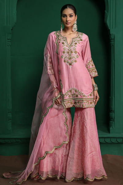 Charu Makkar Pink applique embroidered gharara set CHARJUL26D149459