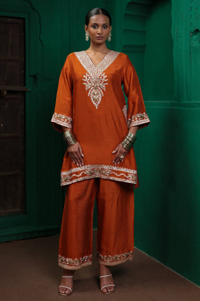 Charu Makkar Rust orange Pittan embroidered co-ord set CHARJUL26D149472
