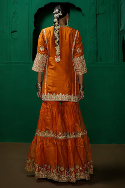 Charu Makkar Rust orange aari embroidered gharara set CHARJUL26D149473