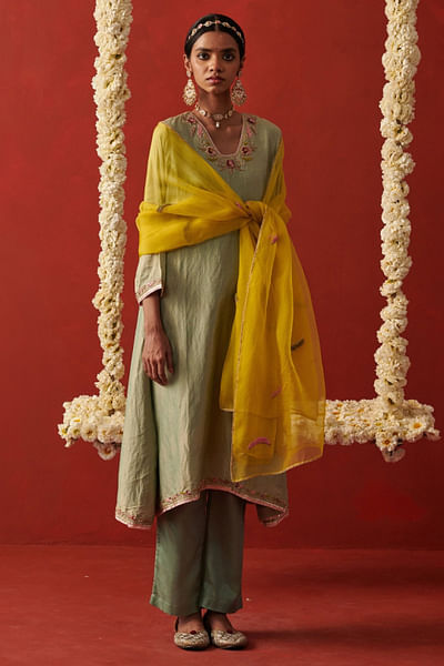 Yellow cutdana embroidered dupatta