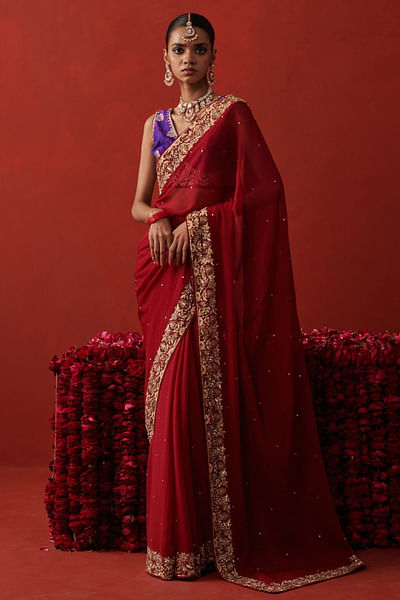 Red embroidered sari