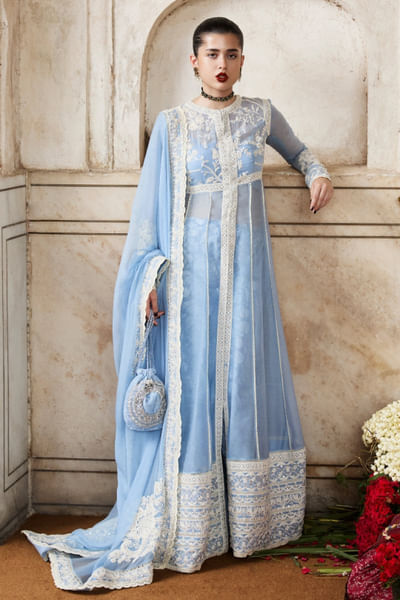 Powder blue embroidered pishwas kurta set