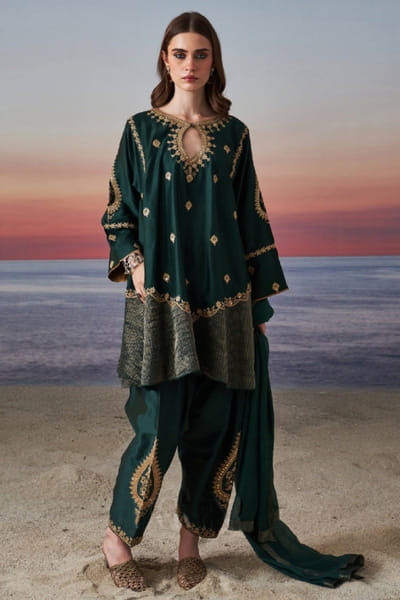 Green zardozi embroidered choga set