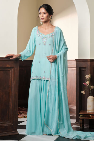 Pastel blue embroidered kurta sharara set