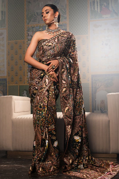Black resham embroidered sari