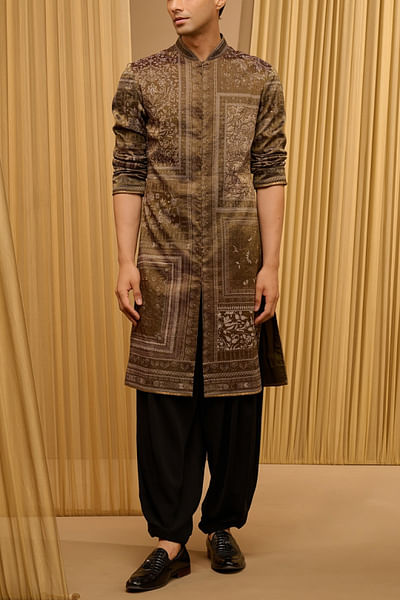 Olive and black floral printed kurta