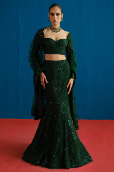 Dark green embroidered mermaid skirt set
