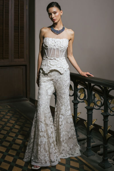 Ivory floral embroidered corset pant set