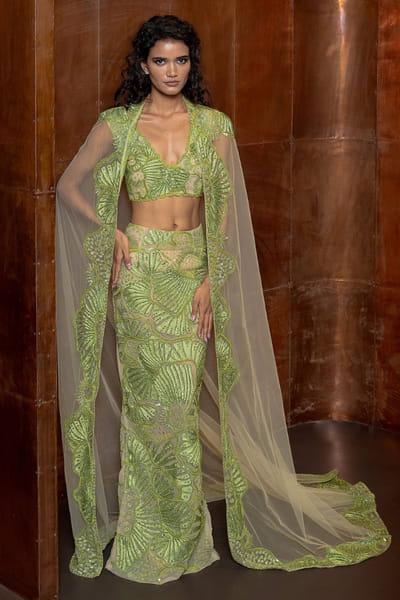 Green embroidered skirt set