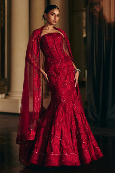 Red coral embroidered skirt set