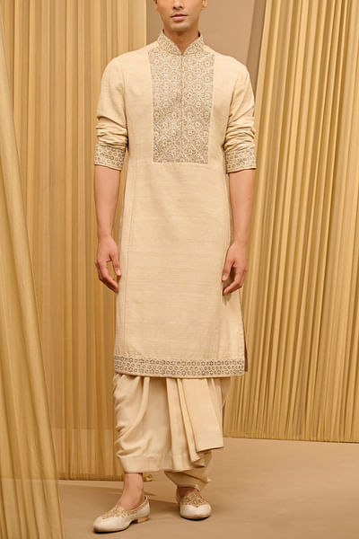 Beige geometric pearl embroidered kurta set