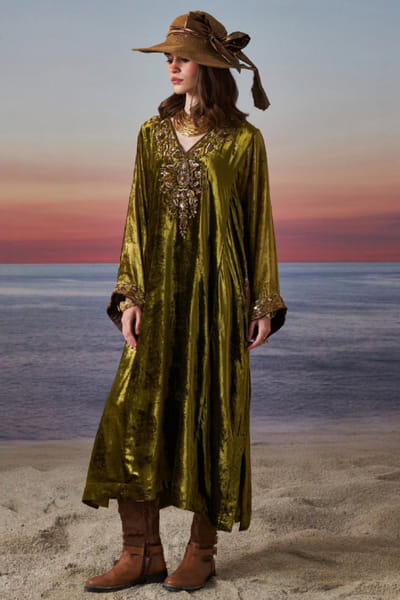 Green embroidered choga and farshi salwar set