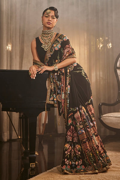 Midnight black embroidered sari