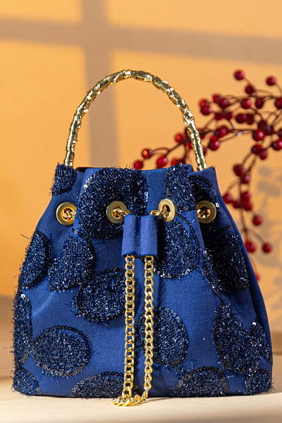 Midnight blue sequin embellished bucket bag