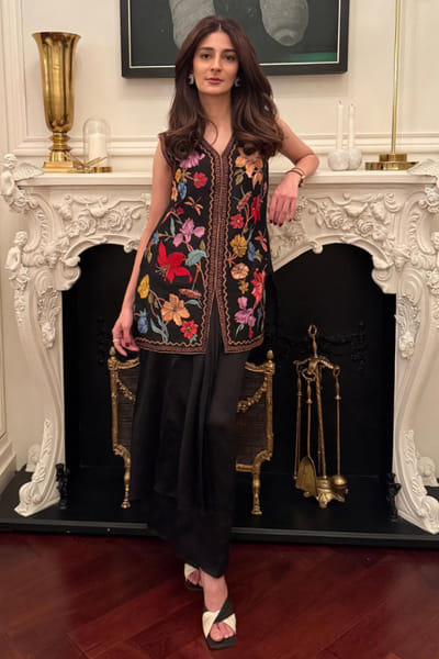 Black floral embroidered drape skirt set