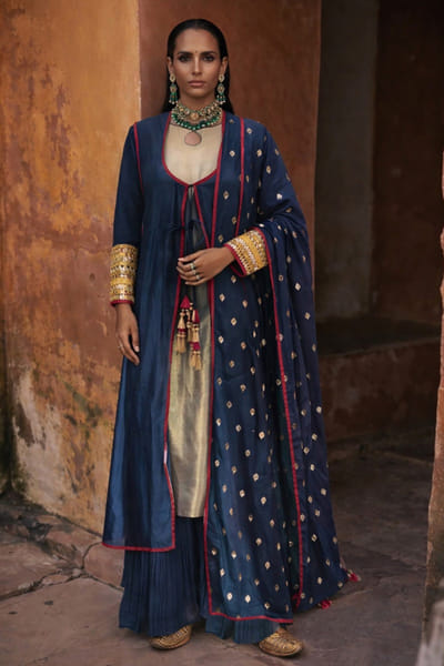 Midnight blue gota embroidered jacket kurta set