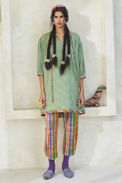 Green check handwoven cotton tunic