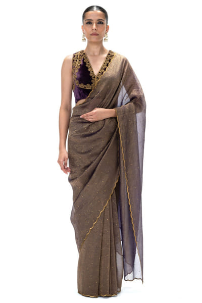Purple embroidered and handwoven sari set