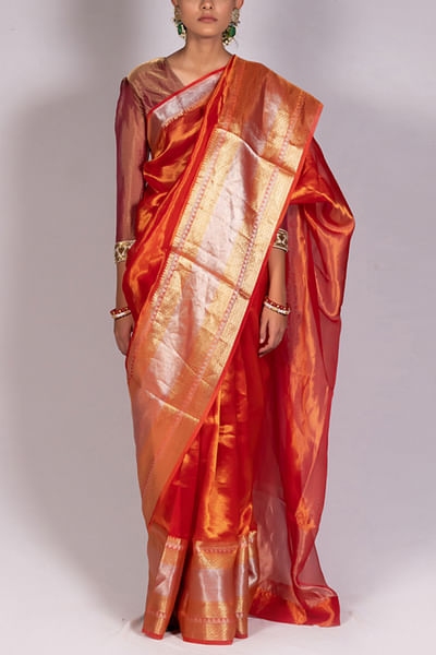 Red woven tissue sari