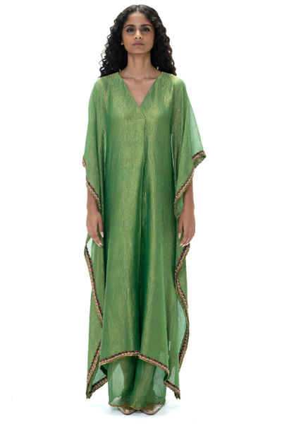 Green embroidered and handwoven kaftan set
