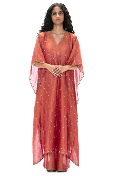 Magenta embroidered and handwoven kaftan set