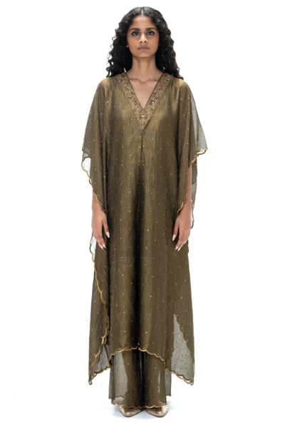 Charcoal embroidered and handwoven kaftan set