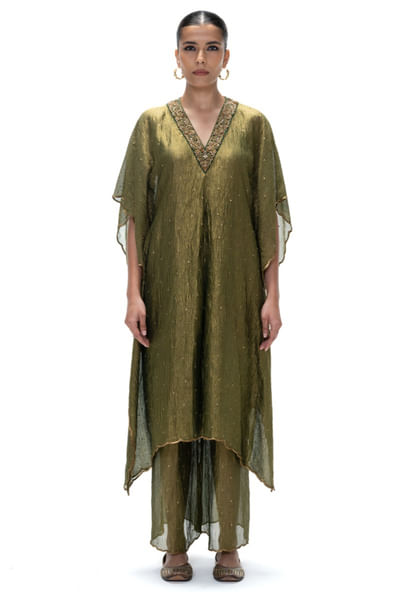 Dark olive embroidery and handwoven kaftan set