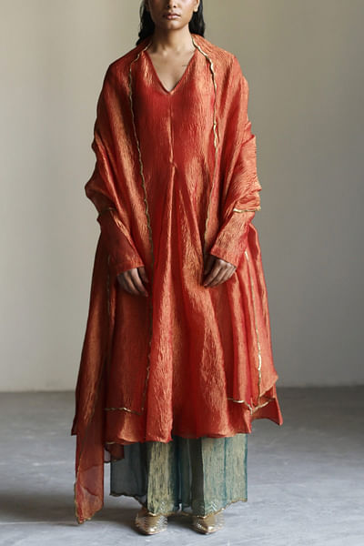 Orange tissue silk kurta set
