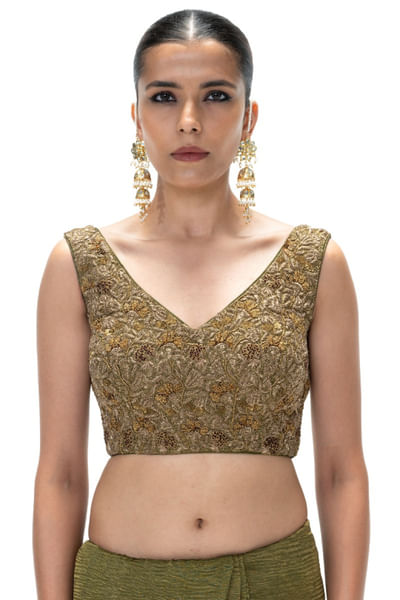 Dark olive handwoven and embroidered blouse