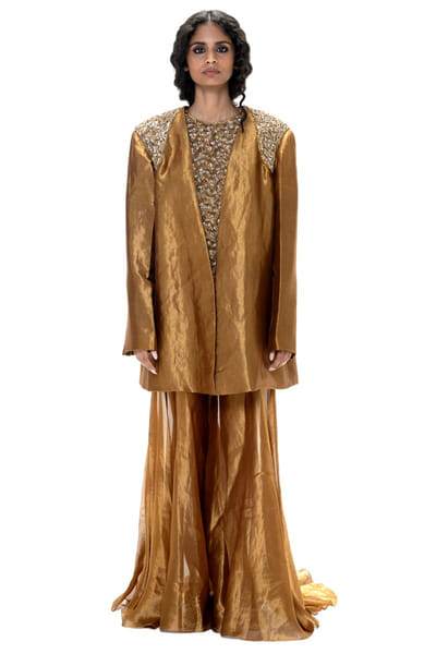 Old gold embroidered and handwoven jacket set