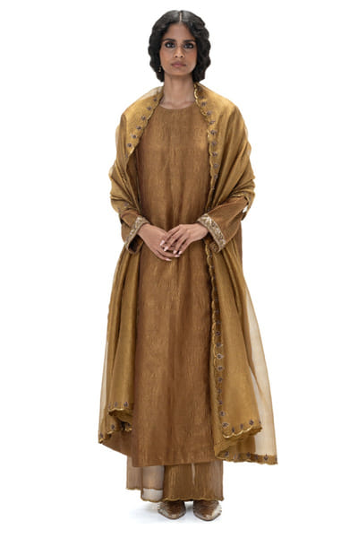 Gold-cinnamon embroidered and woven kurta set