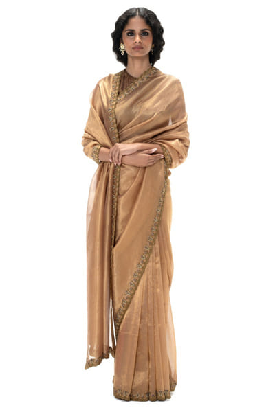 Peach handwoven and embroidered sari set