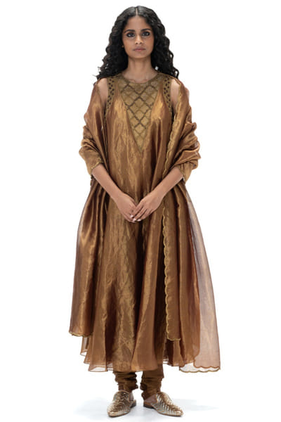 Cinnamon embroidered-handwoven kurta set