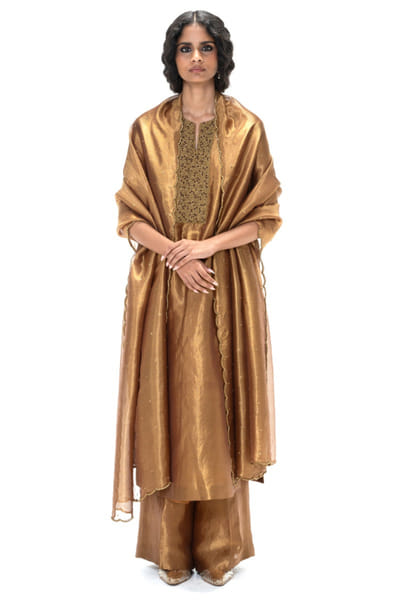 Cinnamon embroidered and handwoven kurta set