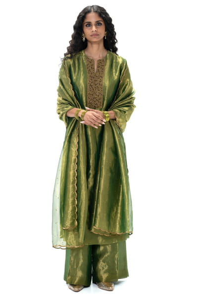 Emerald green embroidered and woven kurta set