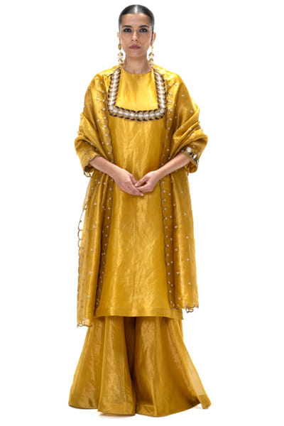 Mustard embroidered and handwoven kurta set