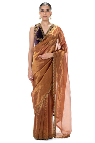 Burnt peach embroidered and handwoven sari set